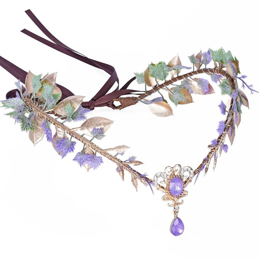 Purple Flower Elf Crown Woodland Fairy Headpiece Renaissance Cosplay Women